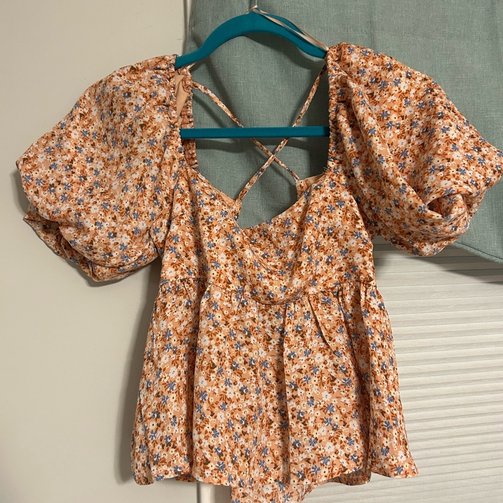 Altar'd State Peach Floral Blouse with Puff Sleeves